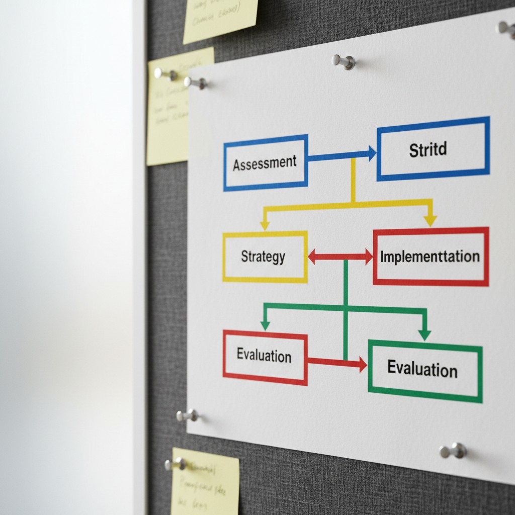 A flow chart posted on a bulletin board, illustrating the steps of assessment, strategy, implementation, evaluation, and t...