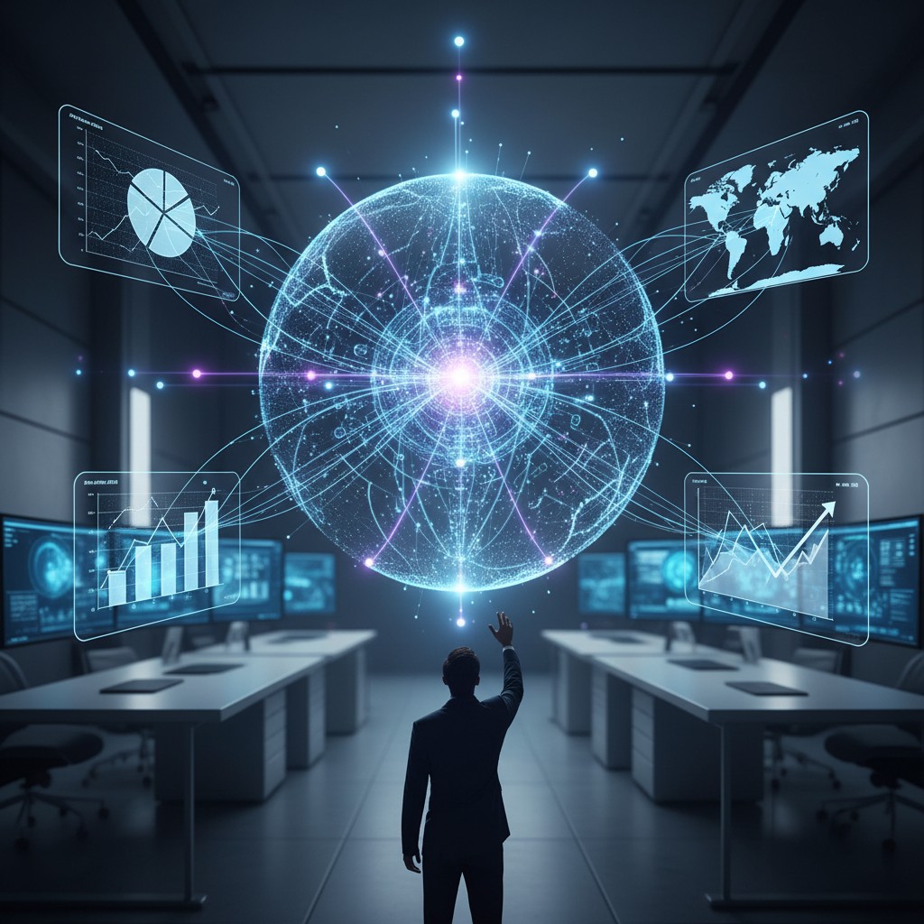 A futuristic digital workspace featuring a man in a suit standing before a giant, glowing orb surrounded by various digita...